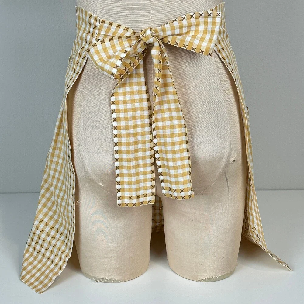 Vintage Tan & White Gingham Handmade Half-Apron 1950s